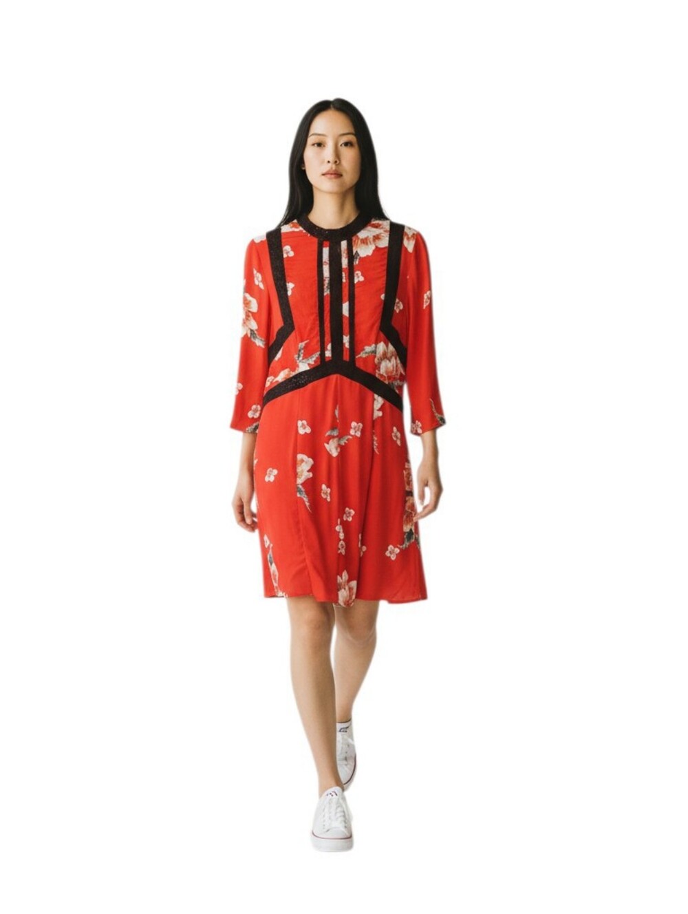 ASOS Oriental-Inspired Dress With Black Lace Inserts Size 8